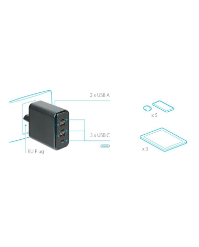 ALIMENTATORE CON 5 PORTE USB (2 USB A + 3 USB C)